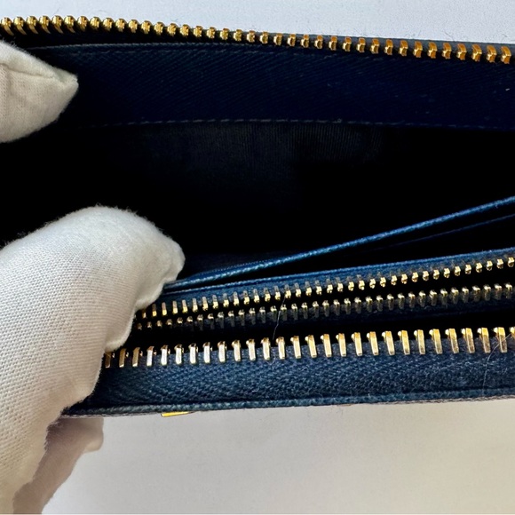 Excellent Blue Prada Zip-Around Wallet with Gold Accents - Picture 7 of 9